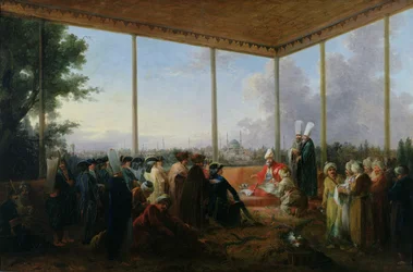 Audiencja wygłoszona w Konstantynopolu przez wielkiego wezyra Aimali Carac dla Francois-Emmanuela Guignarda (1735-1821) hrabiego de Saint-Priest, 18 marca 1779